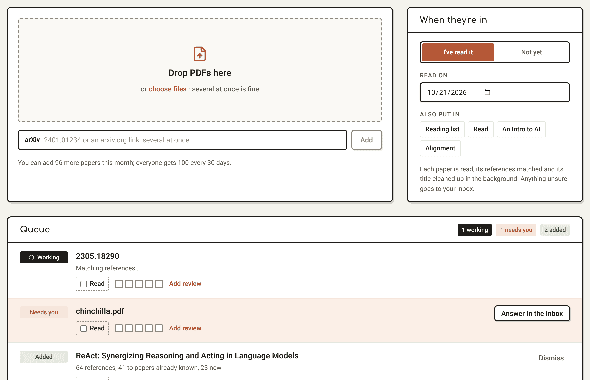 The Add papers page: a drop zone for PDFs, an arXiv box, and a queue of papers being read